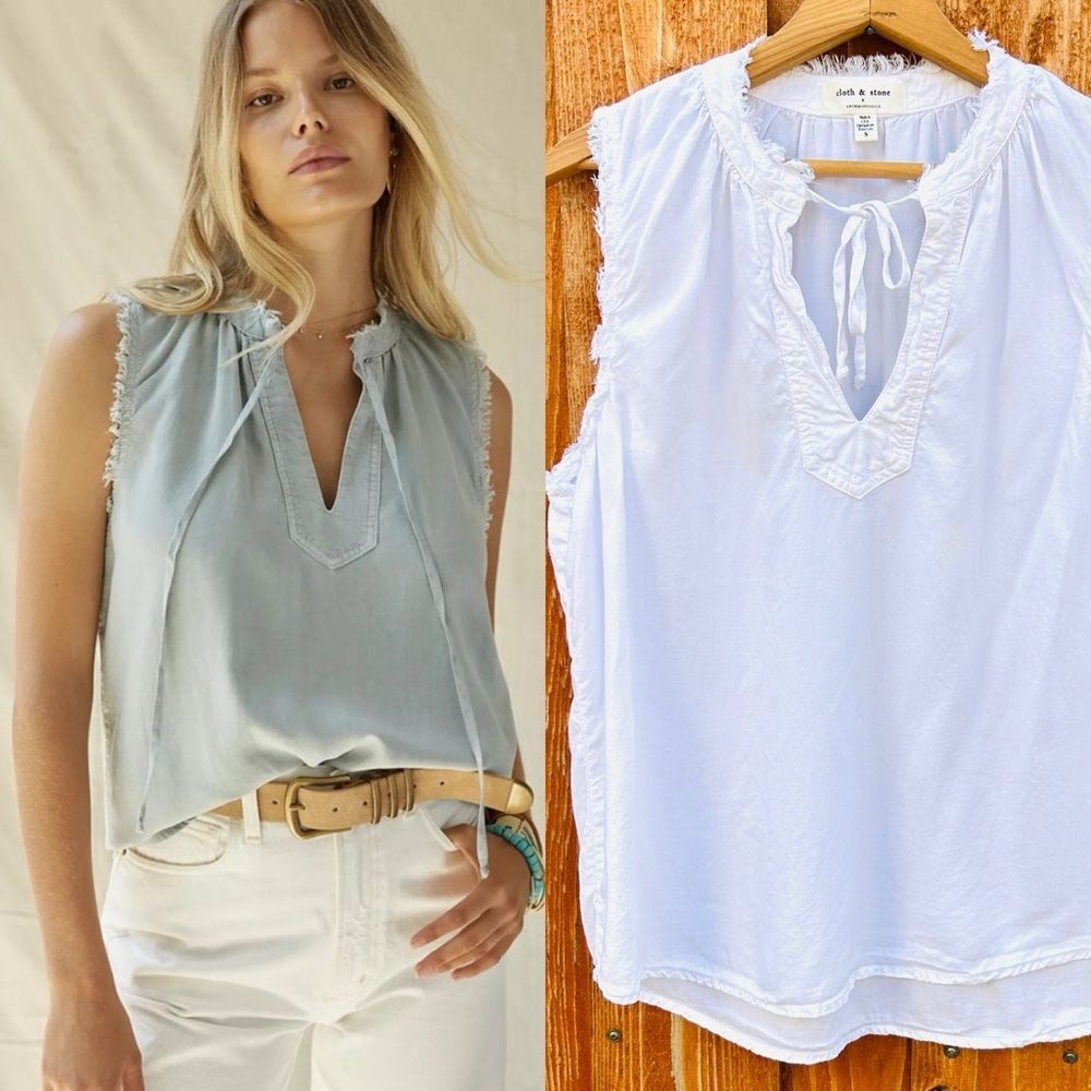 Anthropologie Cloth & Stone White Sleeveless Tencel Tank Top Frayed Hem Size S